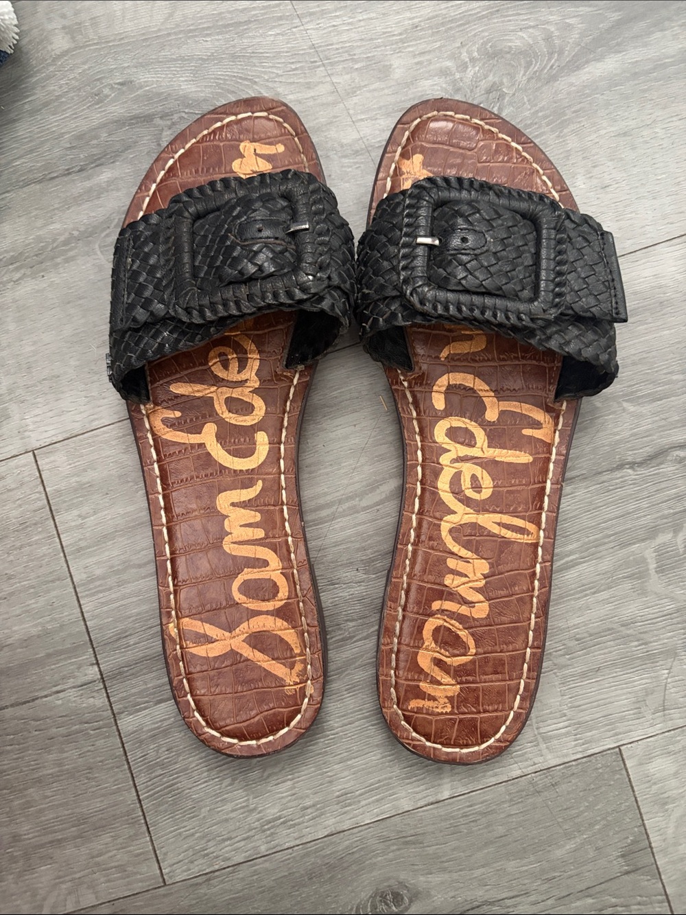 Sam Edelman Black Woven Buckle Slide Sandals with Brown Footbed